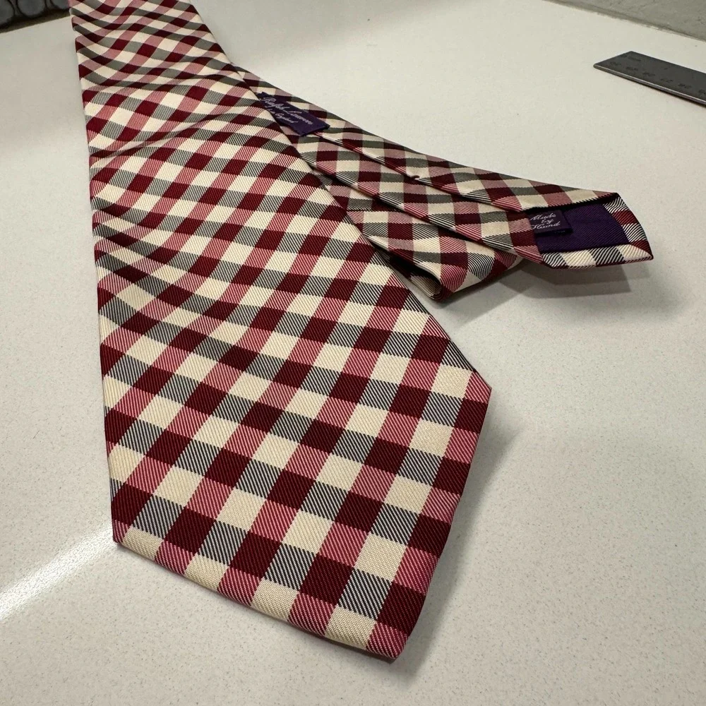 Ralph Lauren Purple Label Tie Plaid Luxury 100% Silk England Necktie Old Money‎